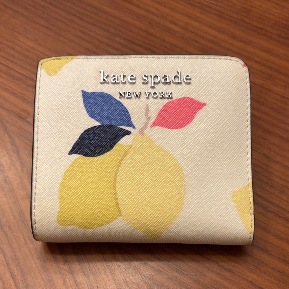 kate spade Cream Lemon Print Compact Wallet with Multicolor Leaves